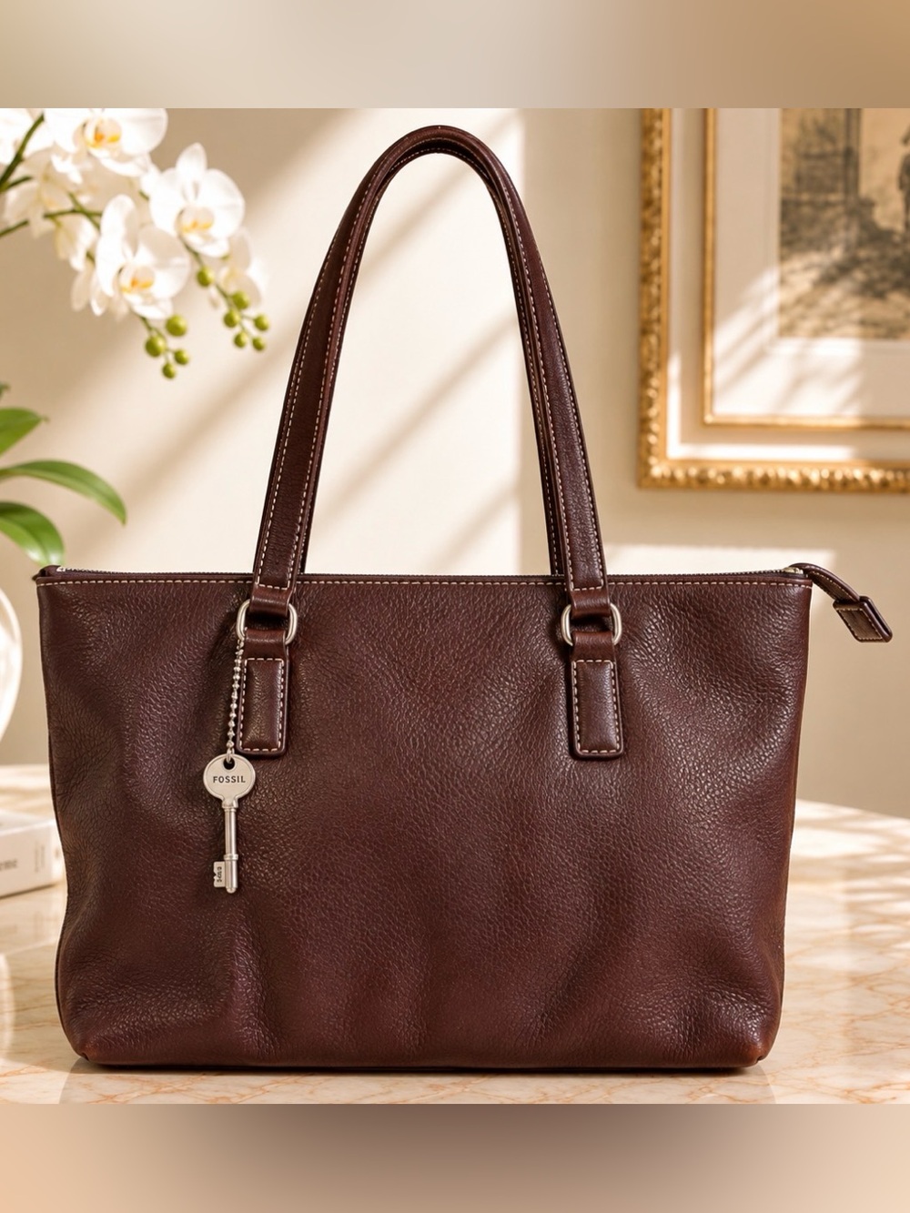 Fossil Dark Brown Genuine Leather Tote Shoulder Bag Key Charm